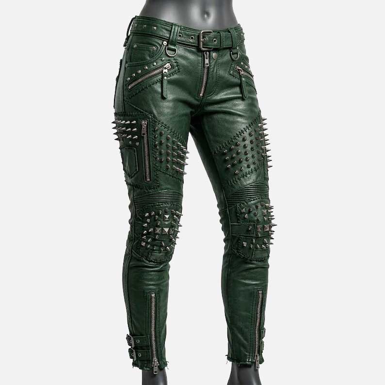 Best green studded leather pants for women with skinny biker fit and metal spike detailing
