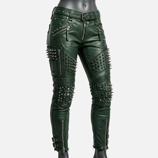 Best green studded leather pants for women with skinny biker fit and metal spike detailing