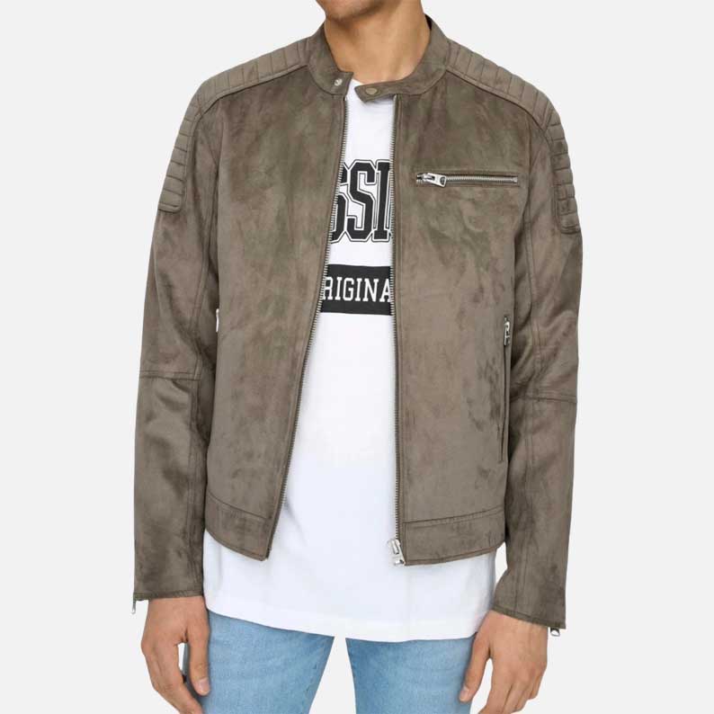 Best stylish grey suede leather jacket high neck design