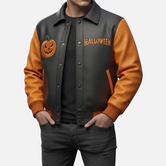 Best Halloween leather varsity jacket for sale by Glory Store US pumpkin patch edition