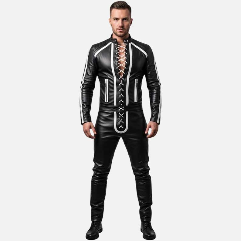 Best black and white lace up leather suit with tailored jacket and pant set by Glory Store US
