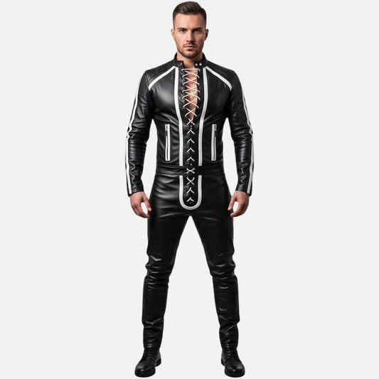 Best black and white lace up leather suit with tailored jacket and pant set by Glory Store US