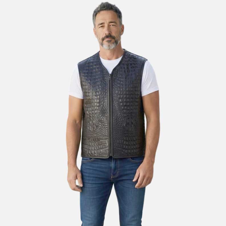 Best premium black crocodile embossed biker leather vest for men by Glory Store US