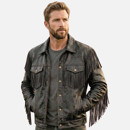 Best men black leather fringe jacket with western cowboy biker style by Glory Store US
