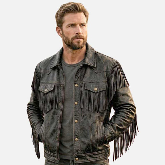 Best men black leather fringe jacket with western cowboy biker style by Glory Store US