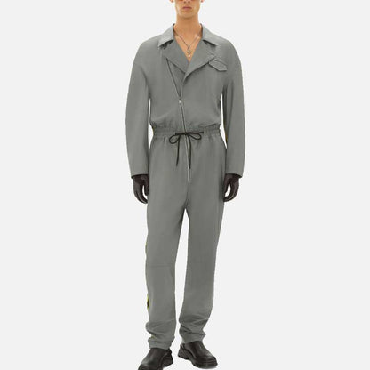 Best men driver collar genuine leather jumpsuit for sale by Glory Store US with asymmetrical zip design