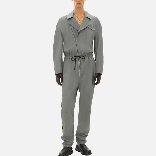 Best men driver collar genuine leather jumpsuit for sale by Glory Store US with asymmetrical zip design