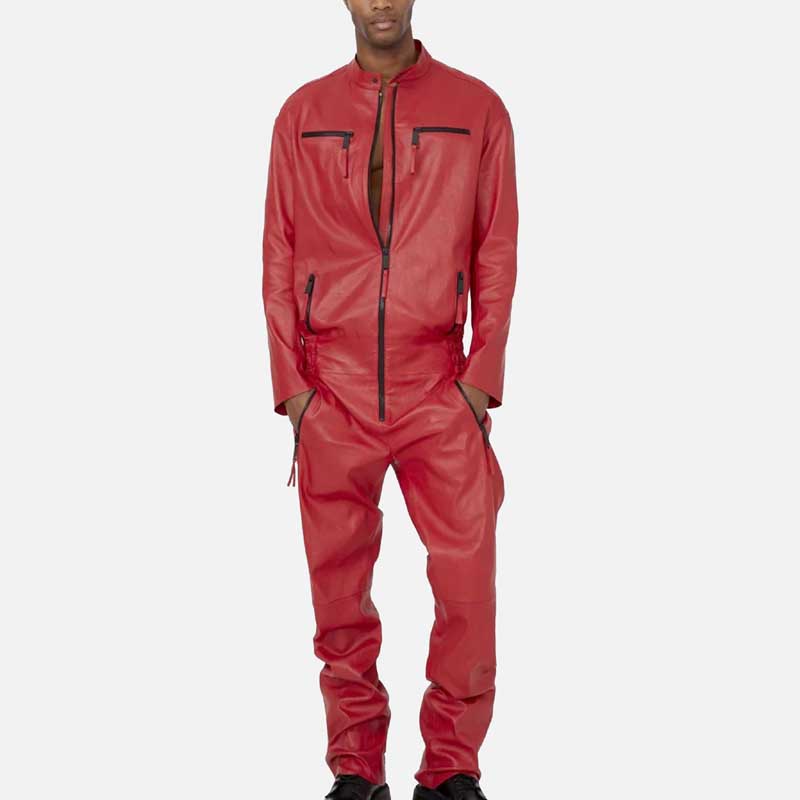 Best Men Red Leather Jumpsuit for sale by Glory Store US with biker snap collar and zipper details
