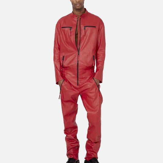 Best Men Red Leather Jumpsuit for sale by Glory Store US with biker snap collar and zipper details