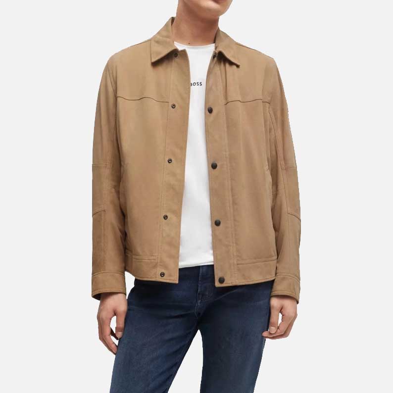 Best men suede leather jacket in beige with snap button front and satin lining