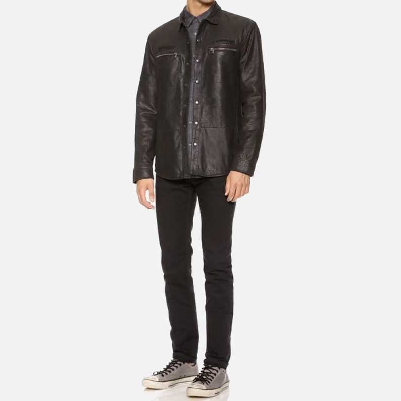 Best mens leather shirt with zipper pocket in black lambskin leather by Glory Store US