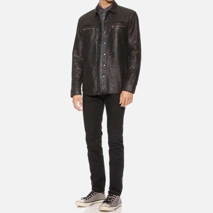 Best mens leather shirt with zipper pocket in black lambskin leather by Glory Store US