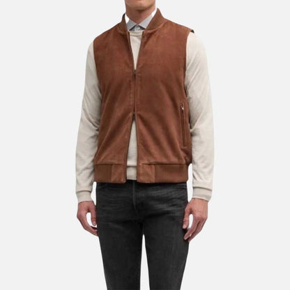 Best premium camel suede leather vest for men available to buy at Glory Store US
