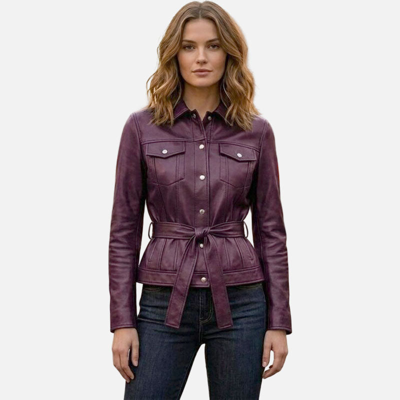 Best purple leather trucker jacket for women in premium genuine leather with classic button up design