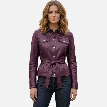Best purple leather trucker jacket for women in premium genuine leather with classic button up design