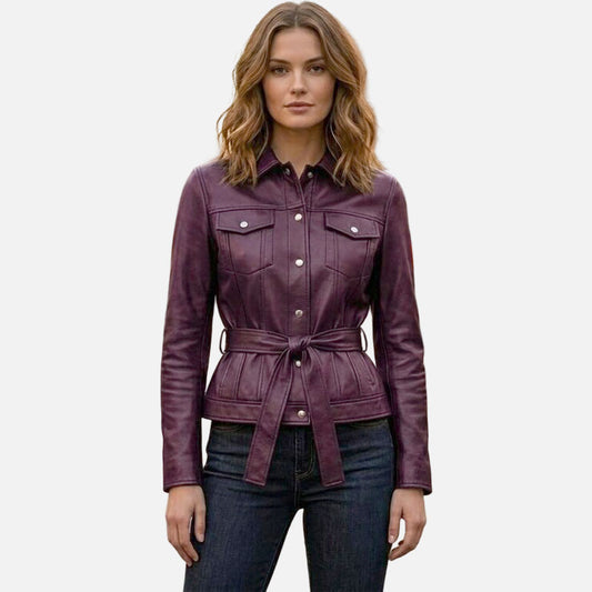 Best purple leather trucker jacket for women in premium genuine leather with classic button up design