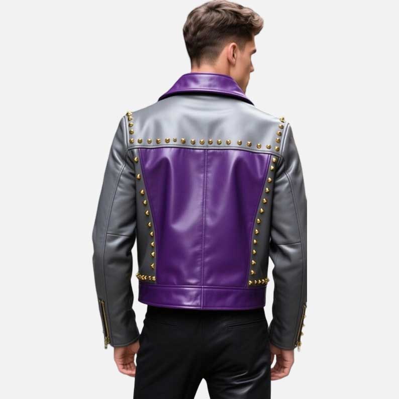 Best premium purple moto leather jacket with gray contrast panels by Glory Store US