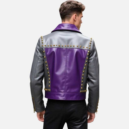 Best premium purple moto leather jacket with gray contrast panels by Glory Store US