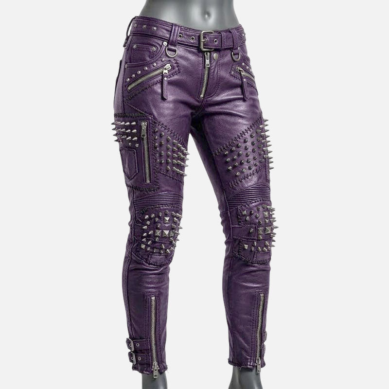 Best purple studded leather pants for women with skinny biker fit and metal spike detailing