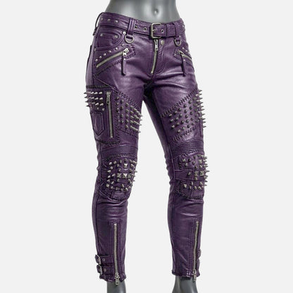 Best purple studded leather pants for women with skinny biker fit and metal spike detailing