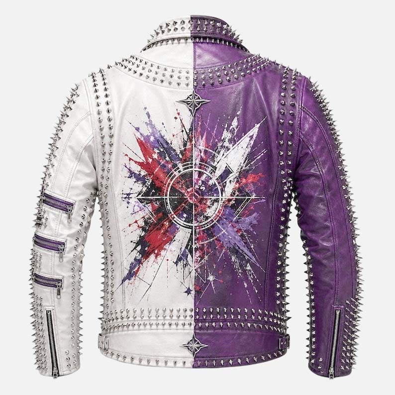 Best purple white punk moto leather jacket for men with silver hardware and biker style by Glory Store US