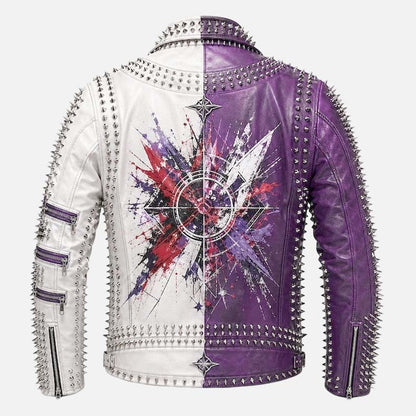 Best purple white punk moto leather jacket for men with silver hardware and biker style by Glory Store US