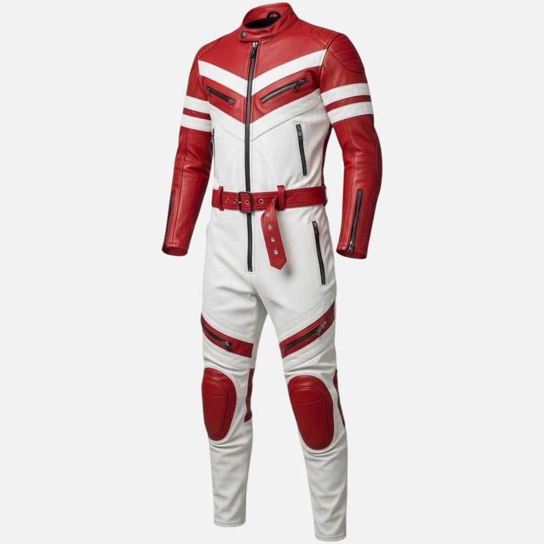 Best red and white motorcycle leather suit for sale with protective padding by Glory Store US