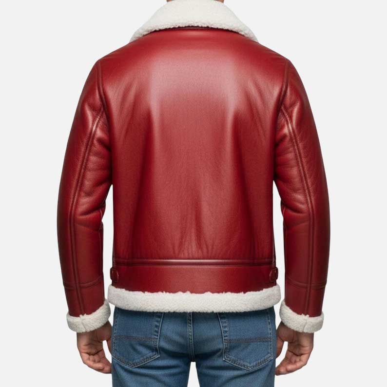 Best red aviator shearling bomber jacket for winter crafted in genuine cowhide leather by Glory Store US