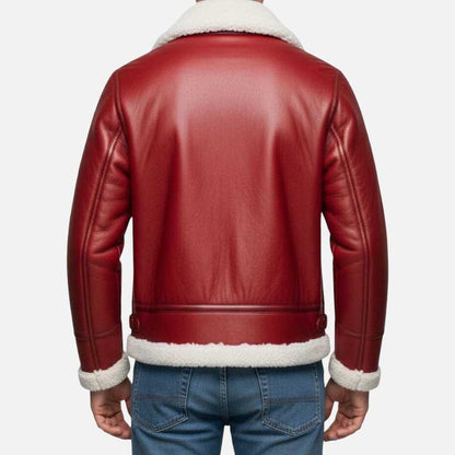 Best red aviator shearling bomber jacket for winter crafted in genuine cowhide leather by Glory Store US
