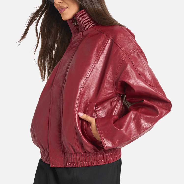 Best red leather bomber jacket for women made from premium lambskin by Glory Store US