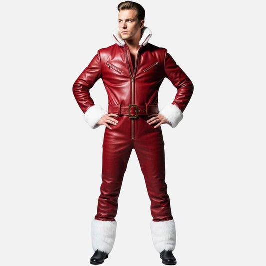 Best red leather jumpsuit with white fur trim and belted waist by Glory Store US