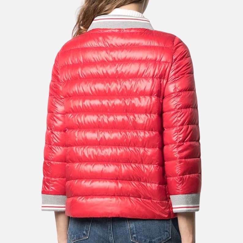 Best red puffer jacket for women with zip closure and rib collar