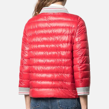 Best red puffer jacket for women with zip closure and rib collar