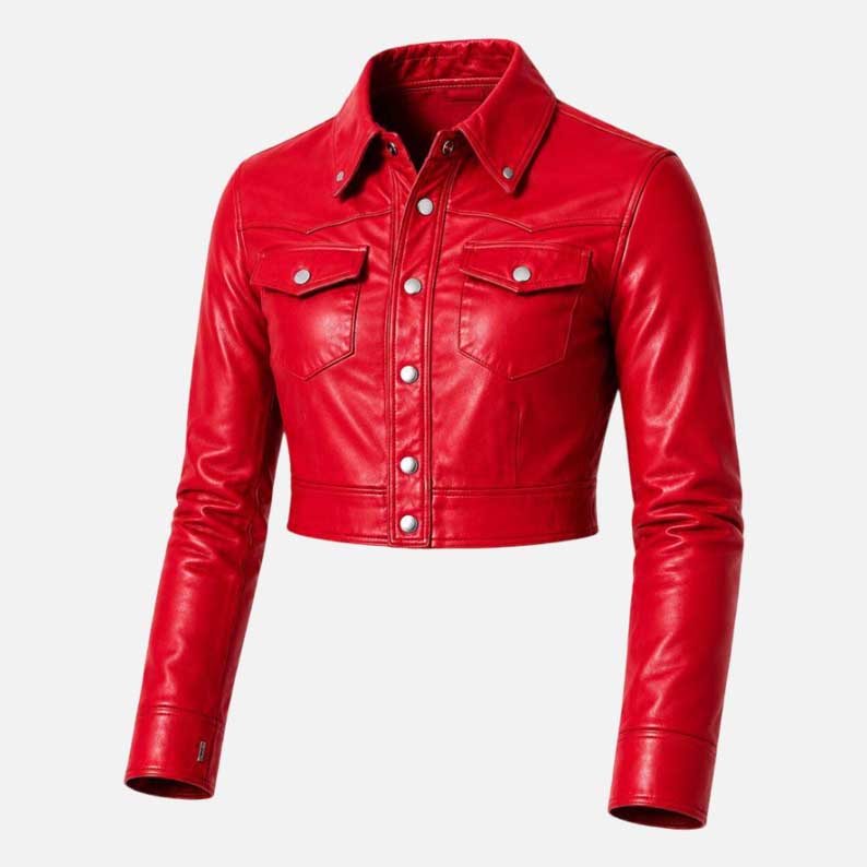 Best premium red sheep leather cropped jacket for women by Glory Store US