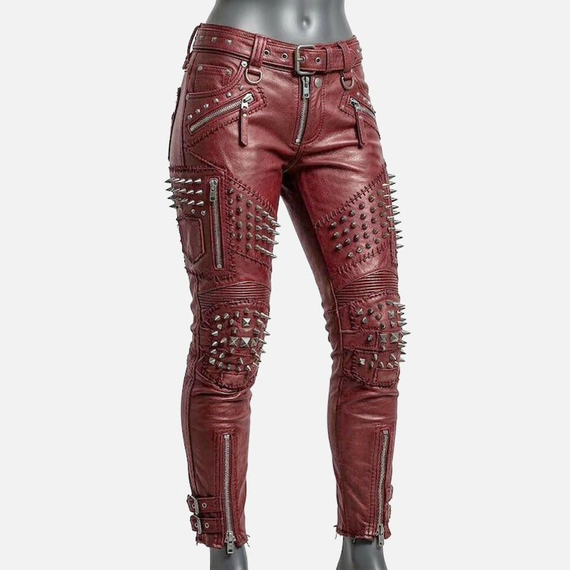 Best red studded leather pants for women with skinny biker fit and metal spike detailing