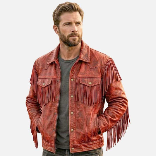 Best red Western fringe leather jacket for sale by Glory Store US featuring premium leather and cowboy biker style