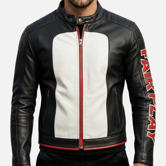 Best retro racing leather jacket for sale by Glory Store US black and white fair play design