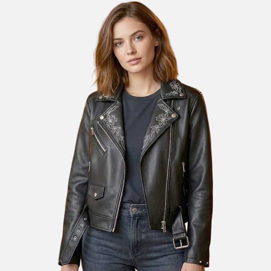 Best women silver floral embroidered leather jacket for sale by Glory Store US handcrafted design