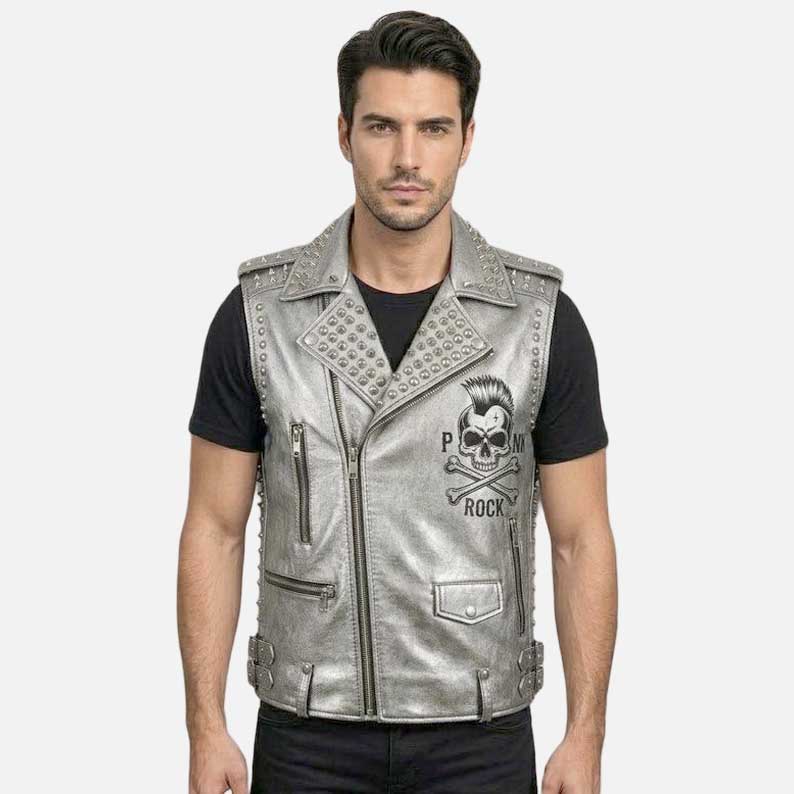 Best silver leather biker vest for sale by Glory Store US with embroidery patch detailing