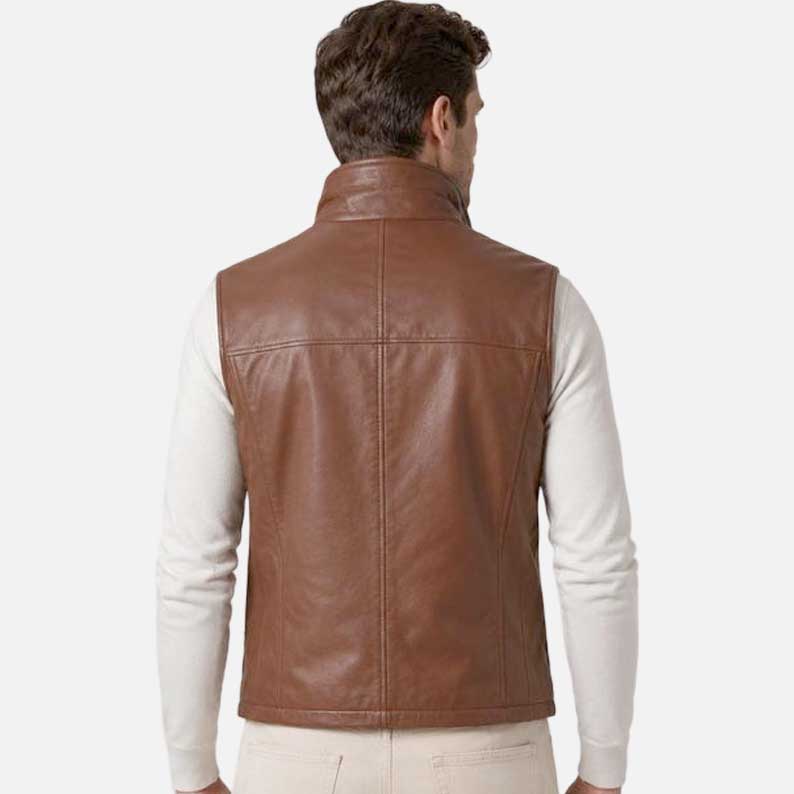 Best slim fit brown leather vest for sale featuring zip closure and smooth texture by Glory Store US