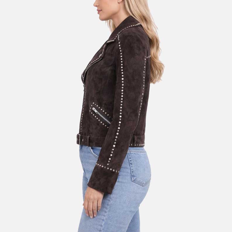 Best stylish brown studded suede leather jacket for women by Glory Store US
