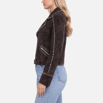 Best stylish brown studded suede leather jacket for women by Glory Store US