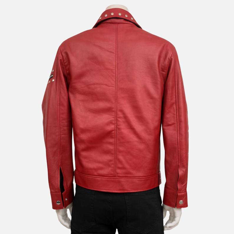 Best stylish red biker leather jacket with stand up collar available at Glory Store US