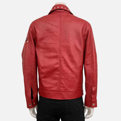 Best stylish red biker leather jacket with stand up collar available at Glory Store US