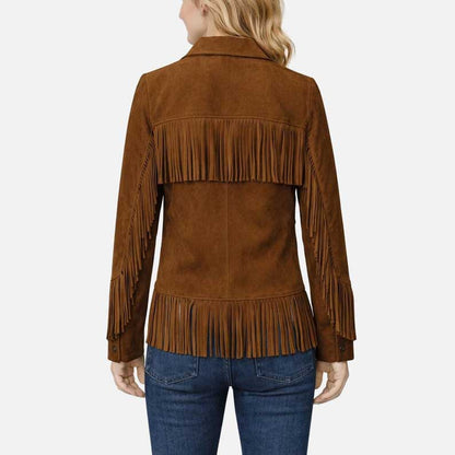 Best stylish suede fringe jacket for women crafted in premium suede leather by Glory Store US