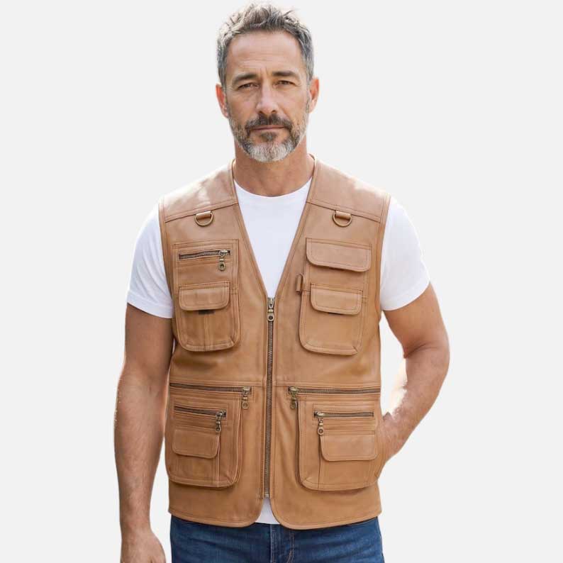 Best premium tan sheep leather utility vest for men by Glory Store US