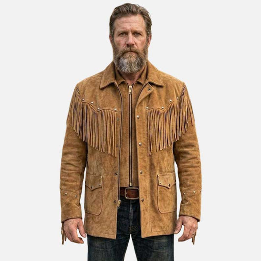 Best tan suede fringe western jacket for men with long studded fringe and cowboy design