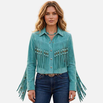 Best turquoise suede fringe western jacket for sale by Glory Store US with bead and bone pipe accents
