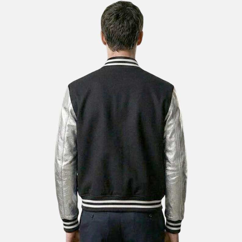 Best varsity bomber jacket for men with black wool body and metallic silver sleeve