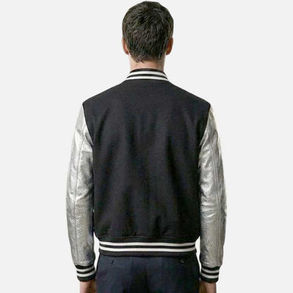 Best varsity bomber jacket for men with black wool body and metallic silver sleeve